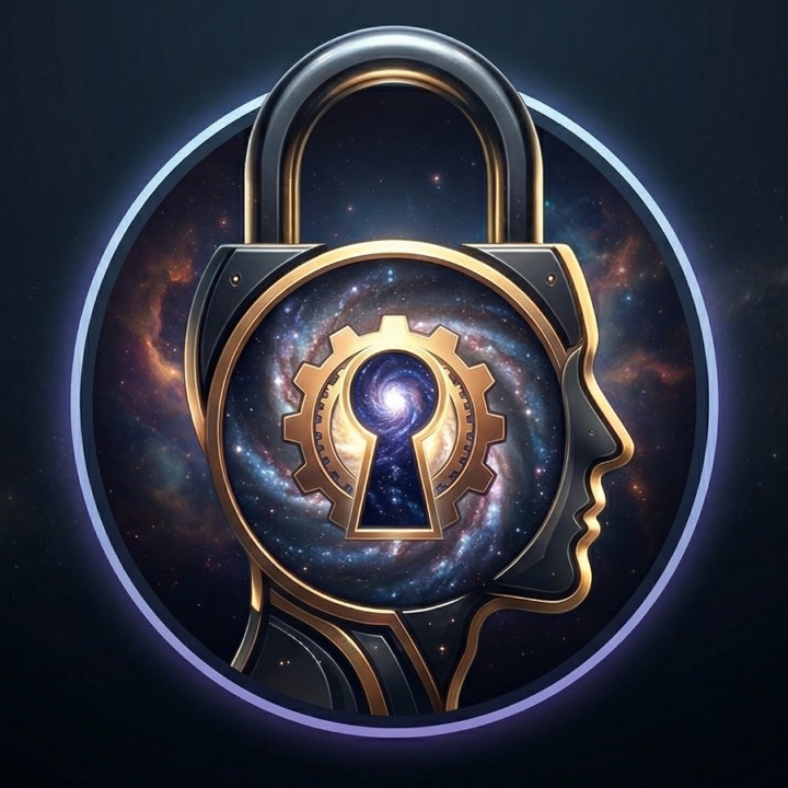 Human Potential emblem: a padlock shaped like a human head, a galaxy inside the keyhole